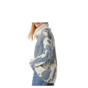ANTHROPOLOGIE PILCRO Blue Ivory Chunky Knit Turtleneck Sweater Womens M Cozy